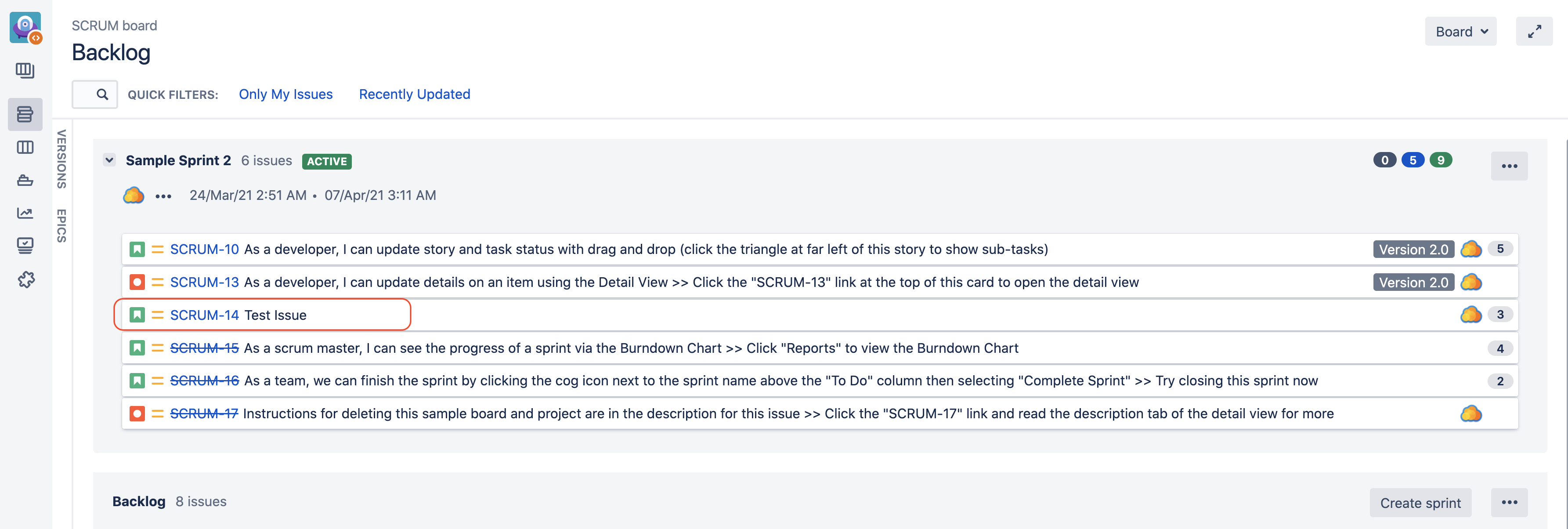 Board Backlog showing the issue as part of Sample Sprint 2