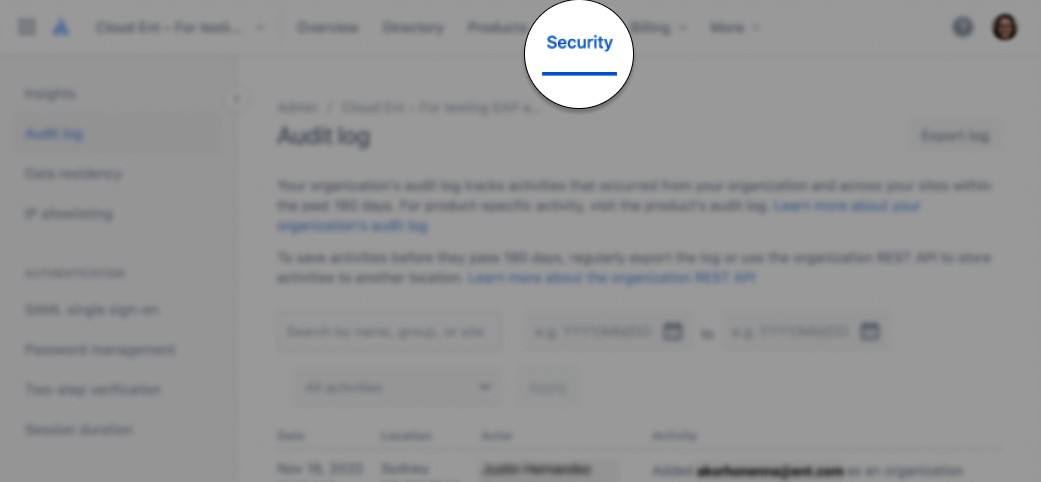 A spotlight on the Security tab in admin.atlassian.com, while the rest of the screenshot is blurred. 