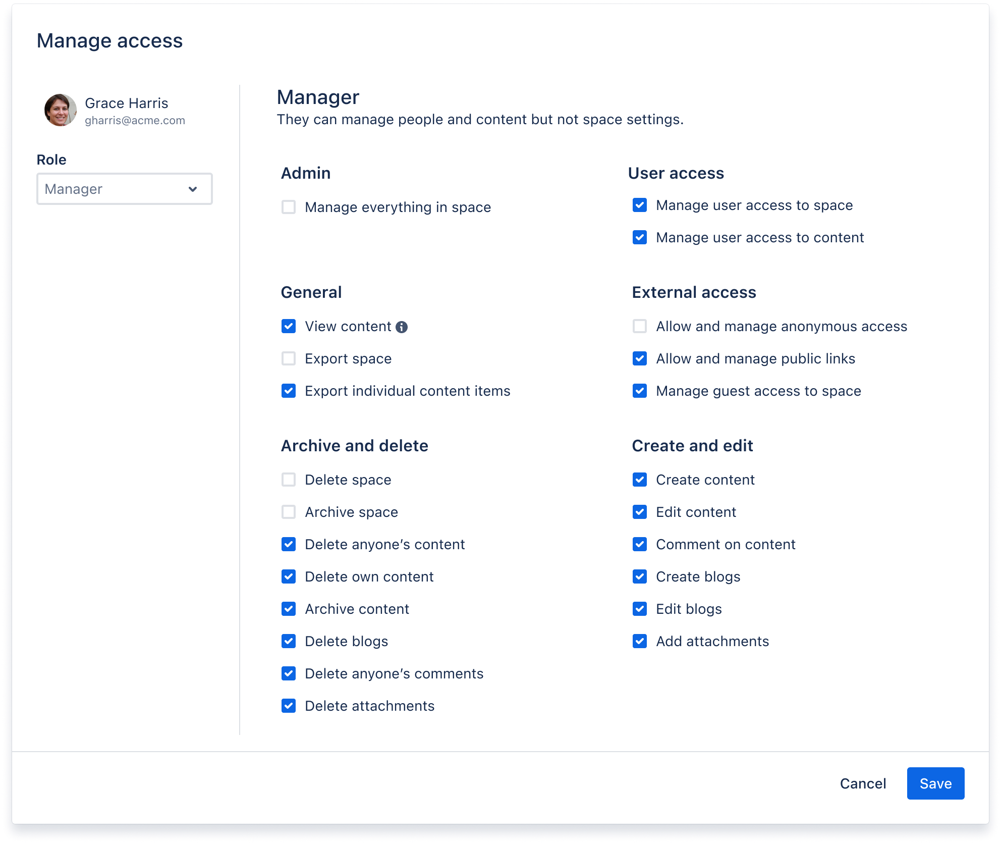 A user's permissions in a Confluence space