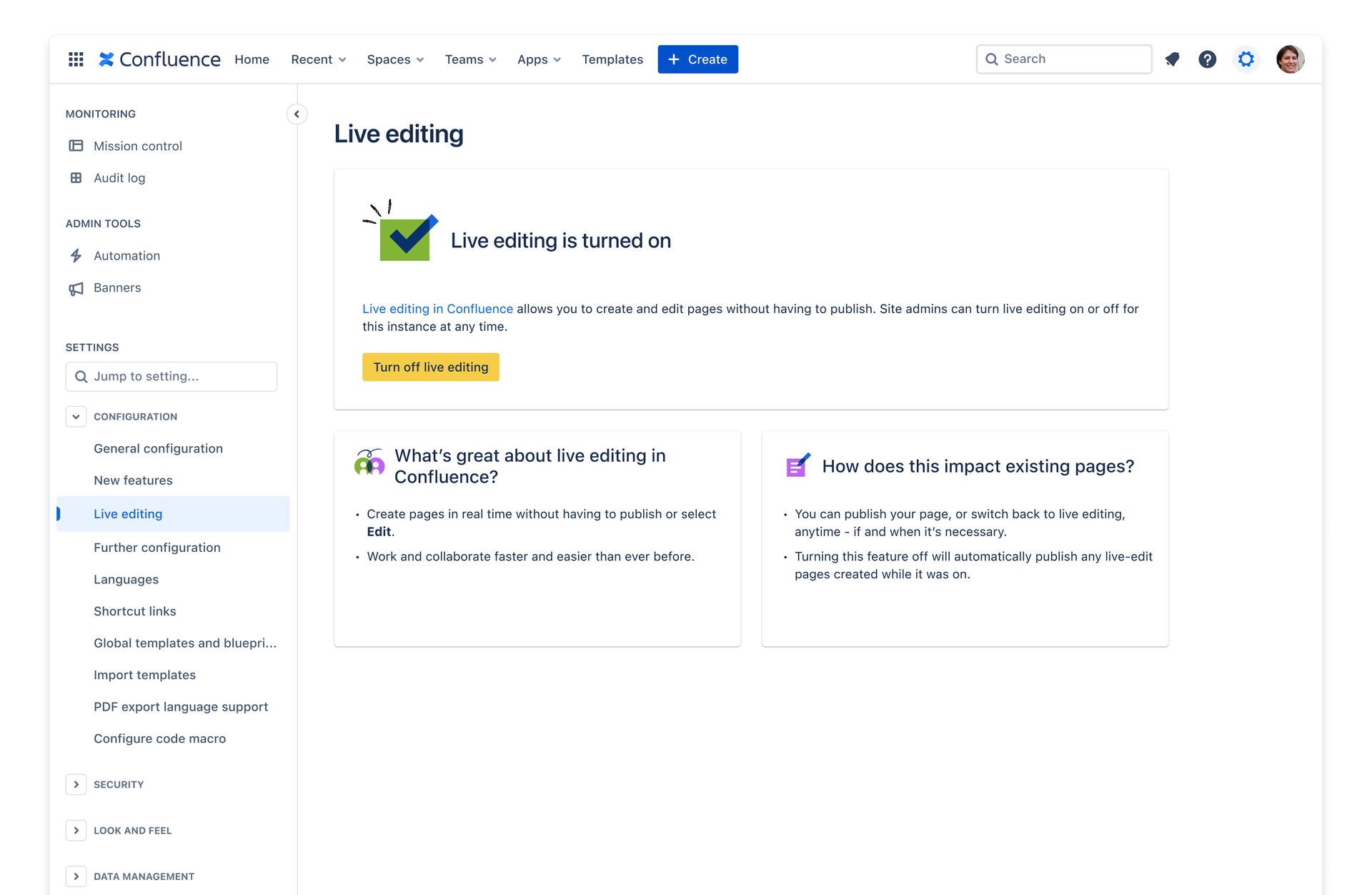  A view of the admin control screen for turning on or off live editing in Confluence.