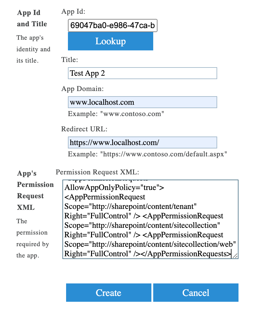 Screenshot of the XML setup within SharePoint to create the App