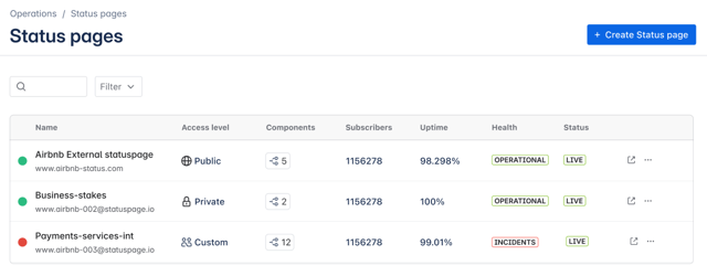 Edit settings of status page