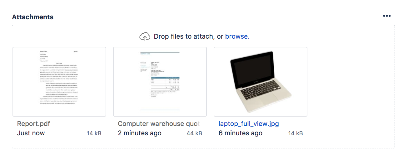 The attachments panel of an issue showing a quote, image, and report for a computer purchase.