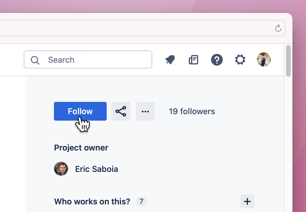 A project page zoomed in on the blue follow button in the right sidebar.