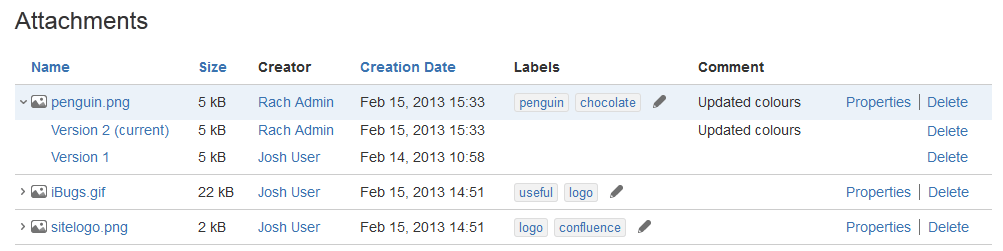 Table showing different attachments and their version history in Confluence Cloud