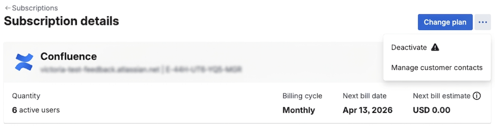 Subscription page showing location of Deactivate button 