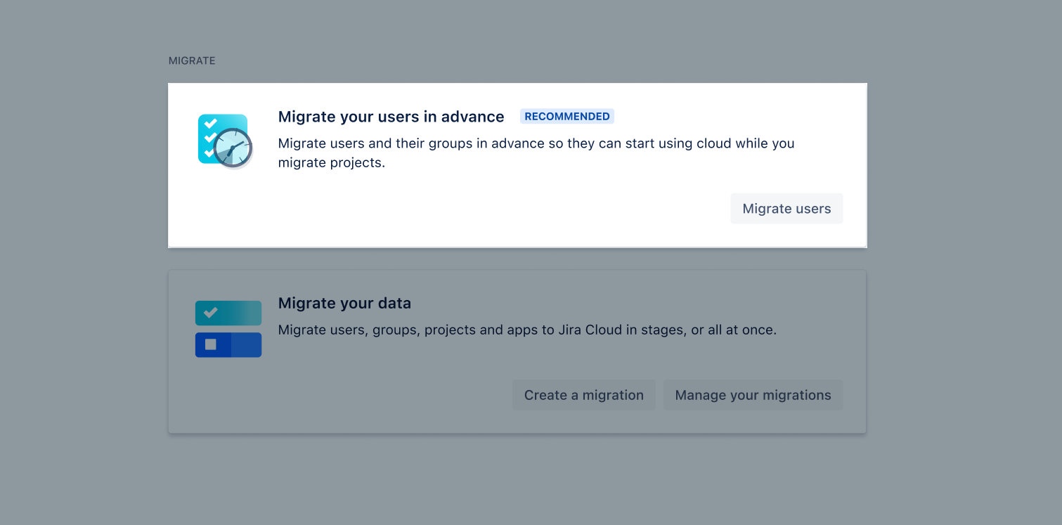 ホーム画面の [Migrate your users in advance (事前にユーザーを移行する)] カード