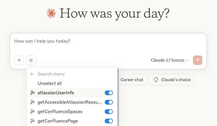 Claude search and tools menu with Atlassian apps enabled