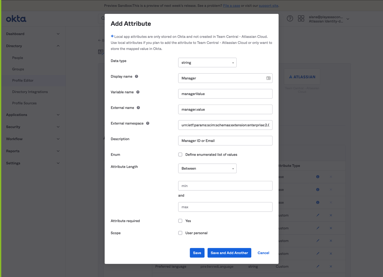 Okta's add attribute modal with inputs listed below this image.