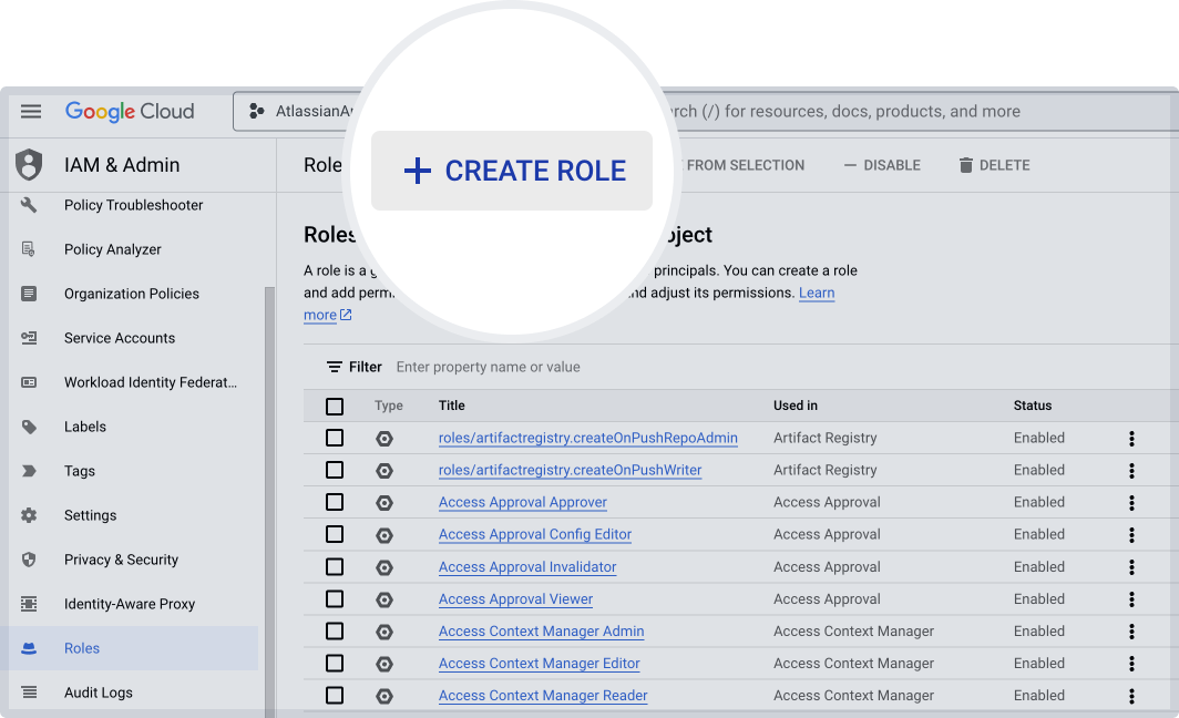 Google Cloud Platform の [Role (ロール)] ページにある [Create role (ロールを作成)] ボタン