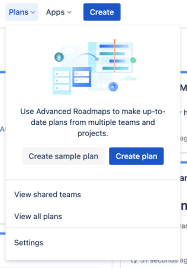 The plans menu by which you can access Advanced Roadmaps as part of Jira Software Cloud
