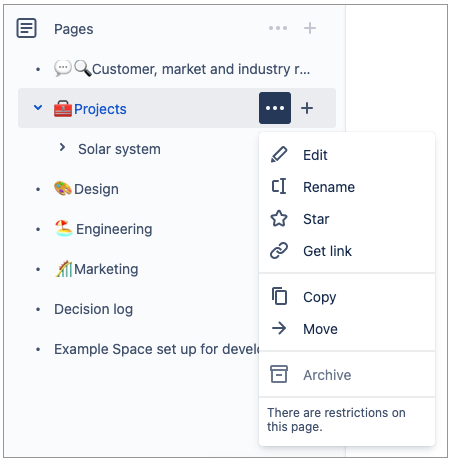 See all the actions you can take on a page when selecting More actions after hovering over a page name in the sidebar