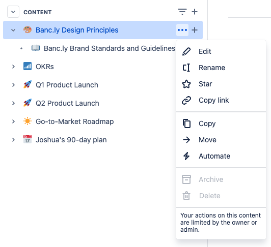 See all the actions you can take on a page when selecting More actions after hovering over a page name in the sidebar