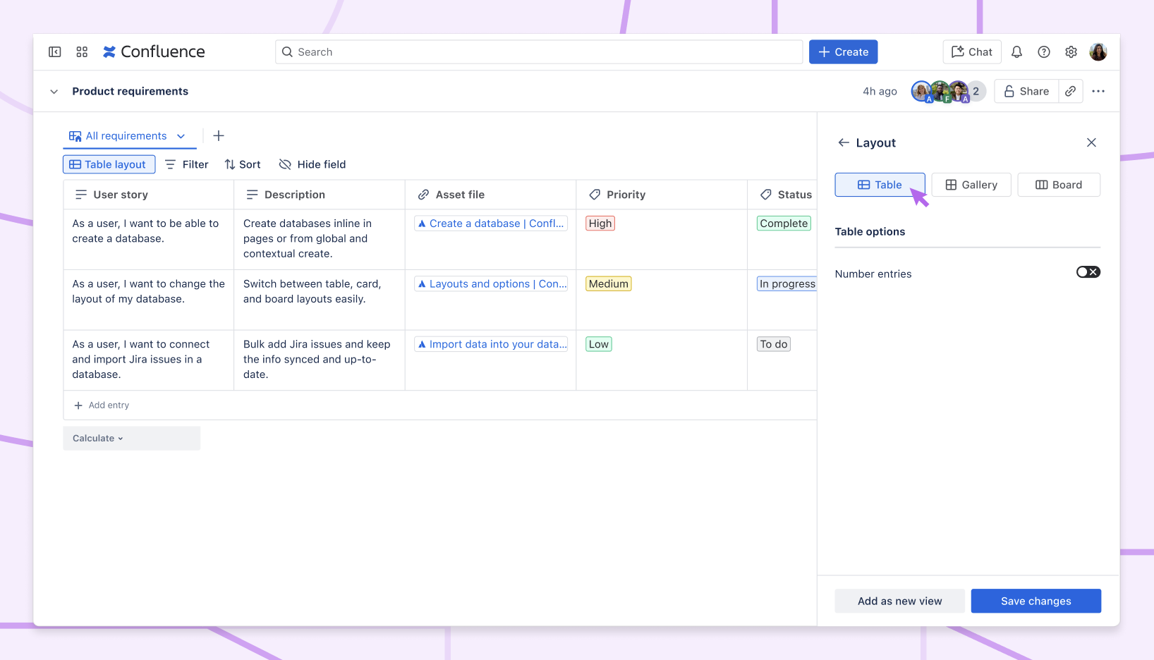 Table option selected in the Layout settings panel