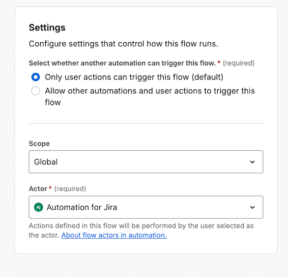 The settings panel which controls how the flow runs. Includes fields for triggers, scope and actors. 
