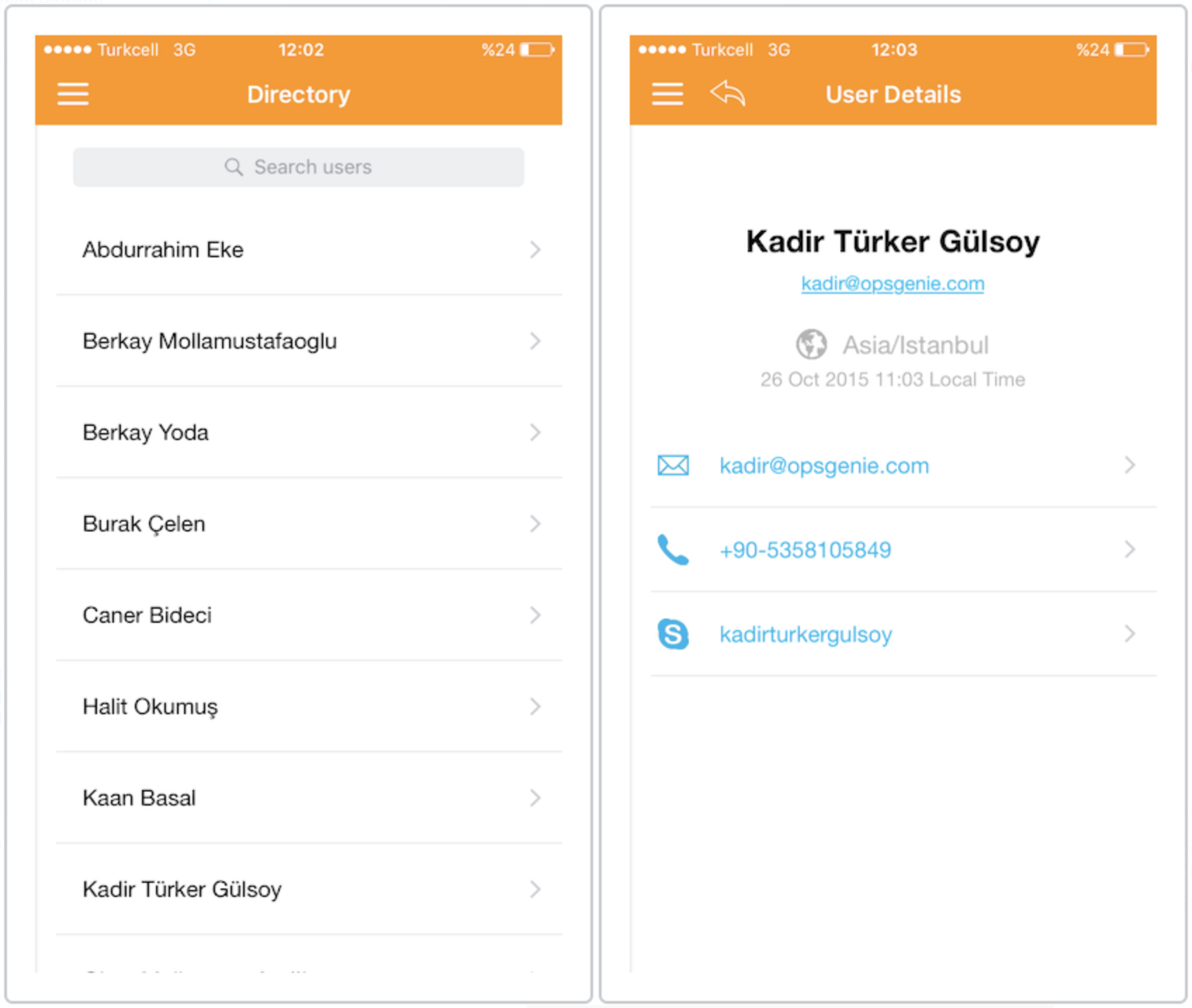 A screenshot of user directory in Opsgenie's Blackberry Dynamics app.