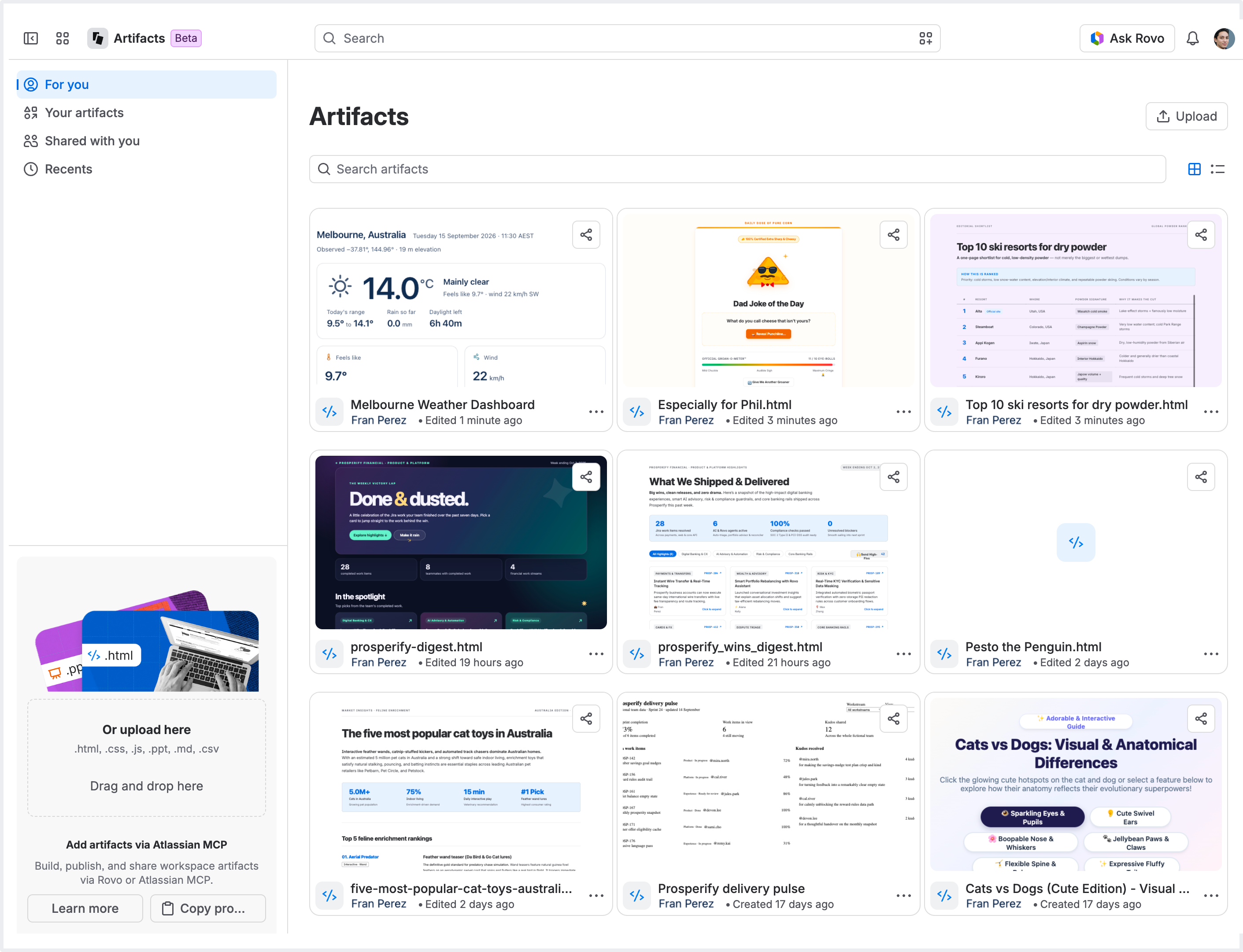 View of the Atlassian Artifacts app