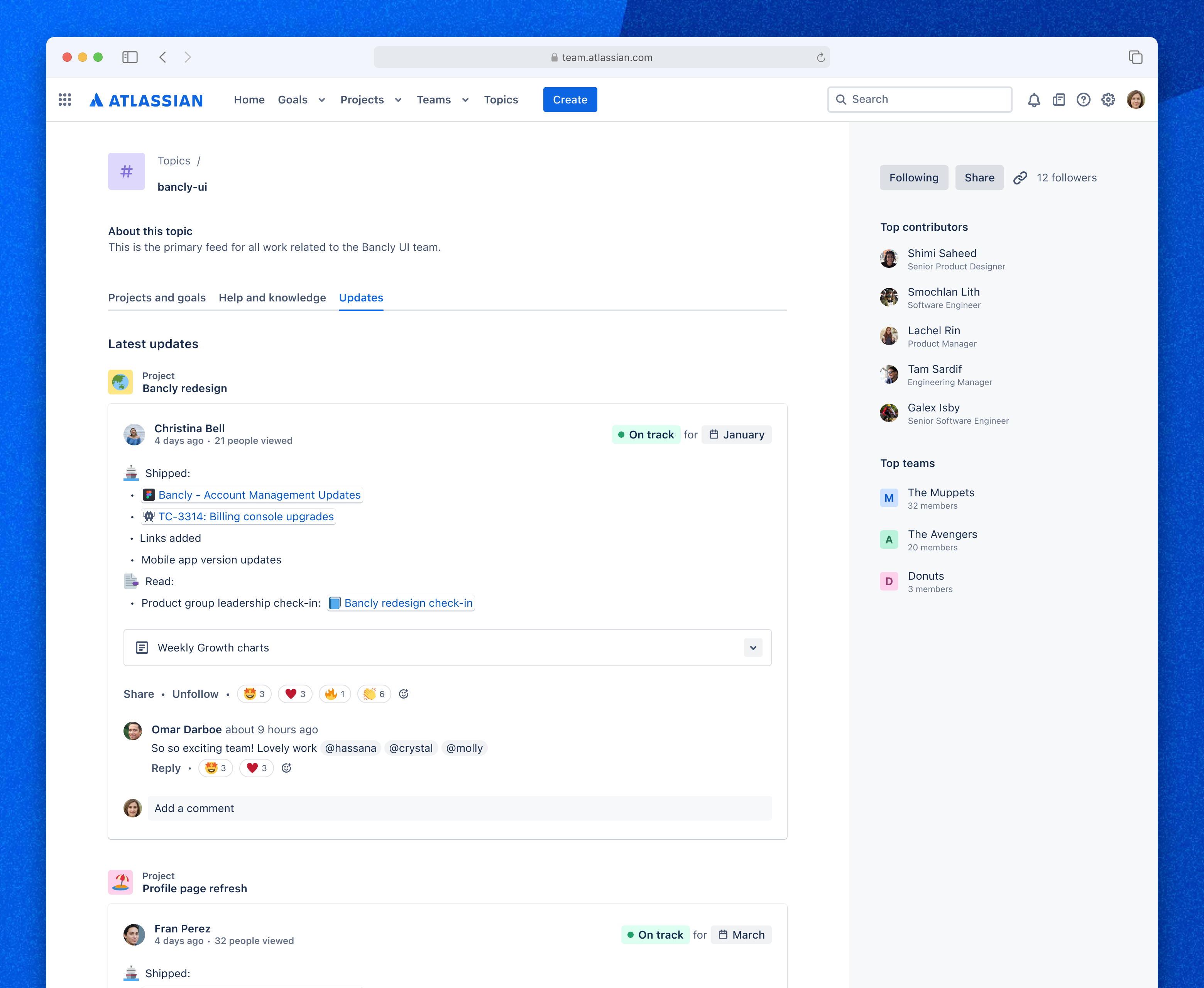 The update feed on a topic page in Atlassian Home.