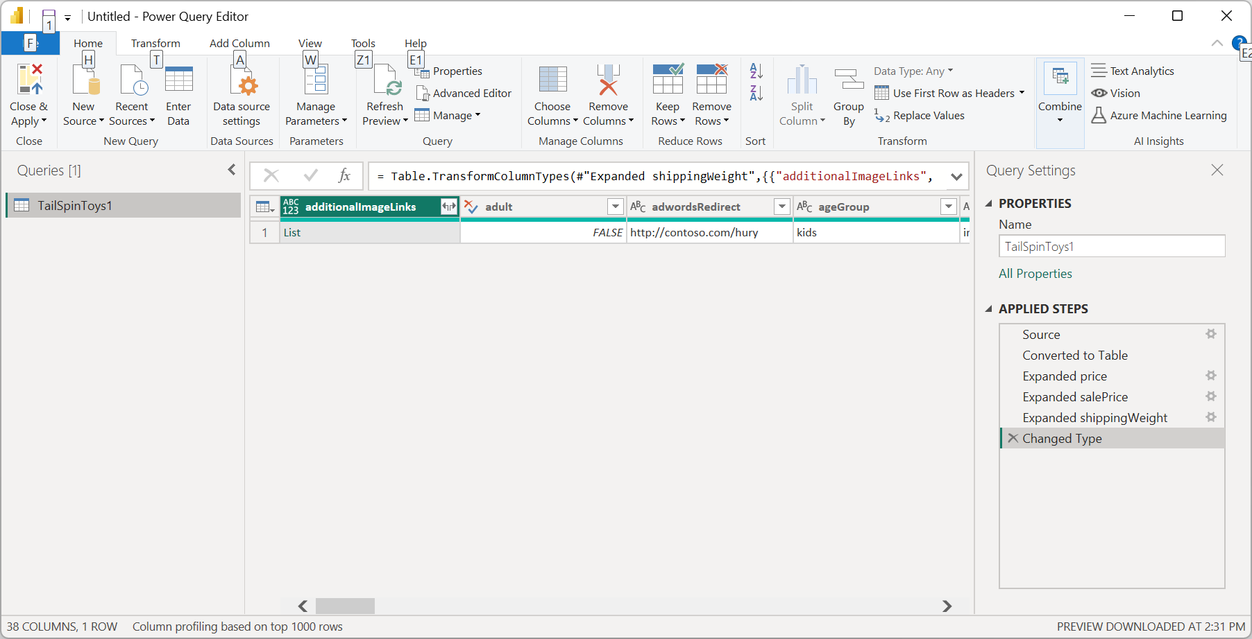 Power Query Editor displays data from the TailSpinToys1 JSON file. The table shows data and column headers. The right pane lists the applied query steps.