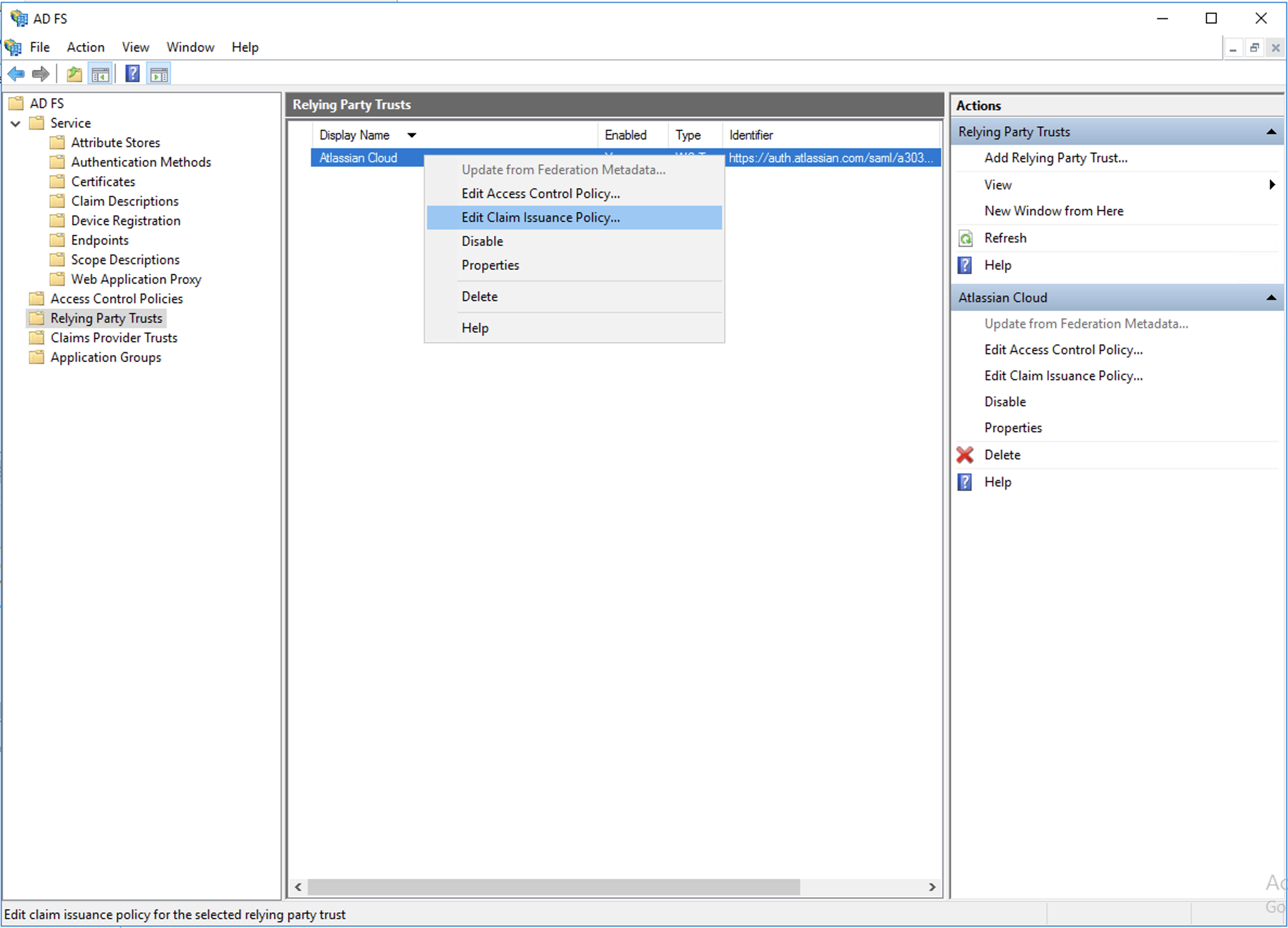 AD FS management tool, relying party trust selected, then Edit Claim Issuance Policy selected