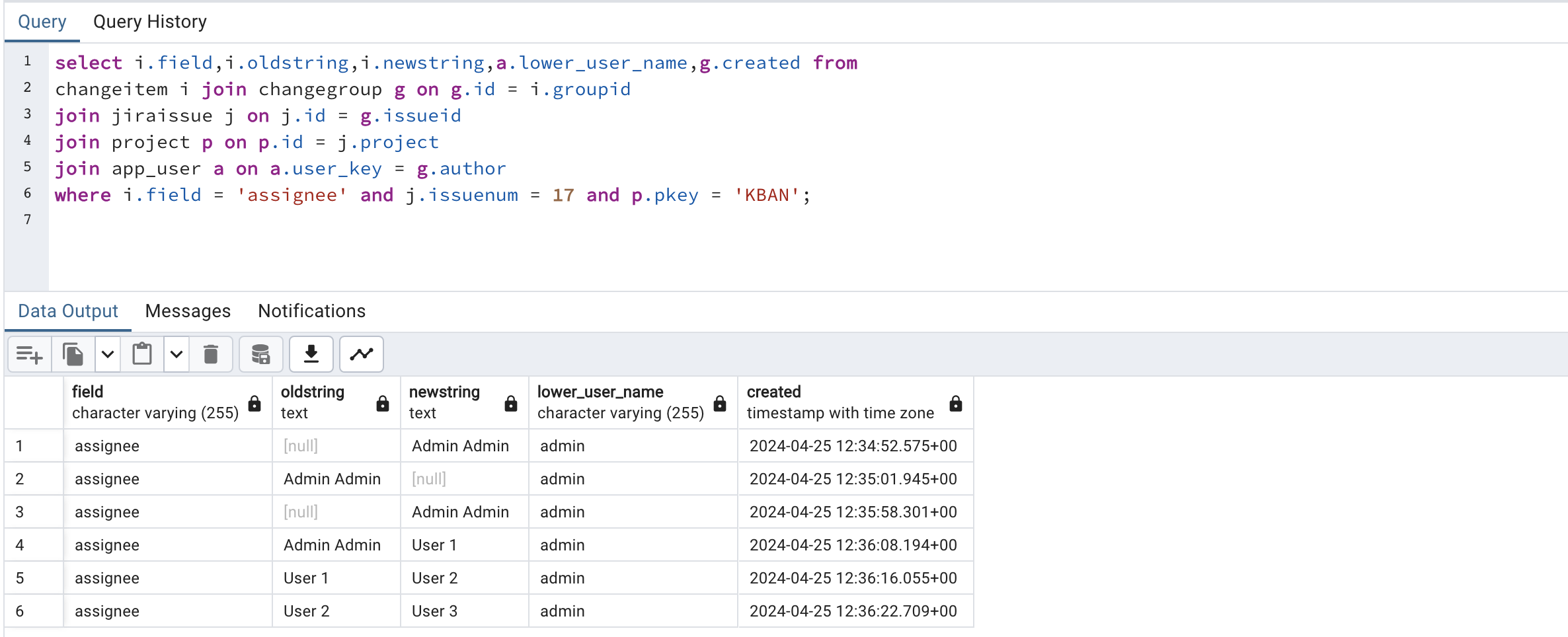 assignee history changes from Jira database