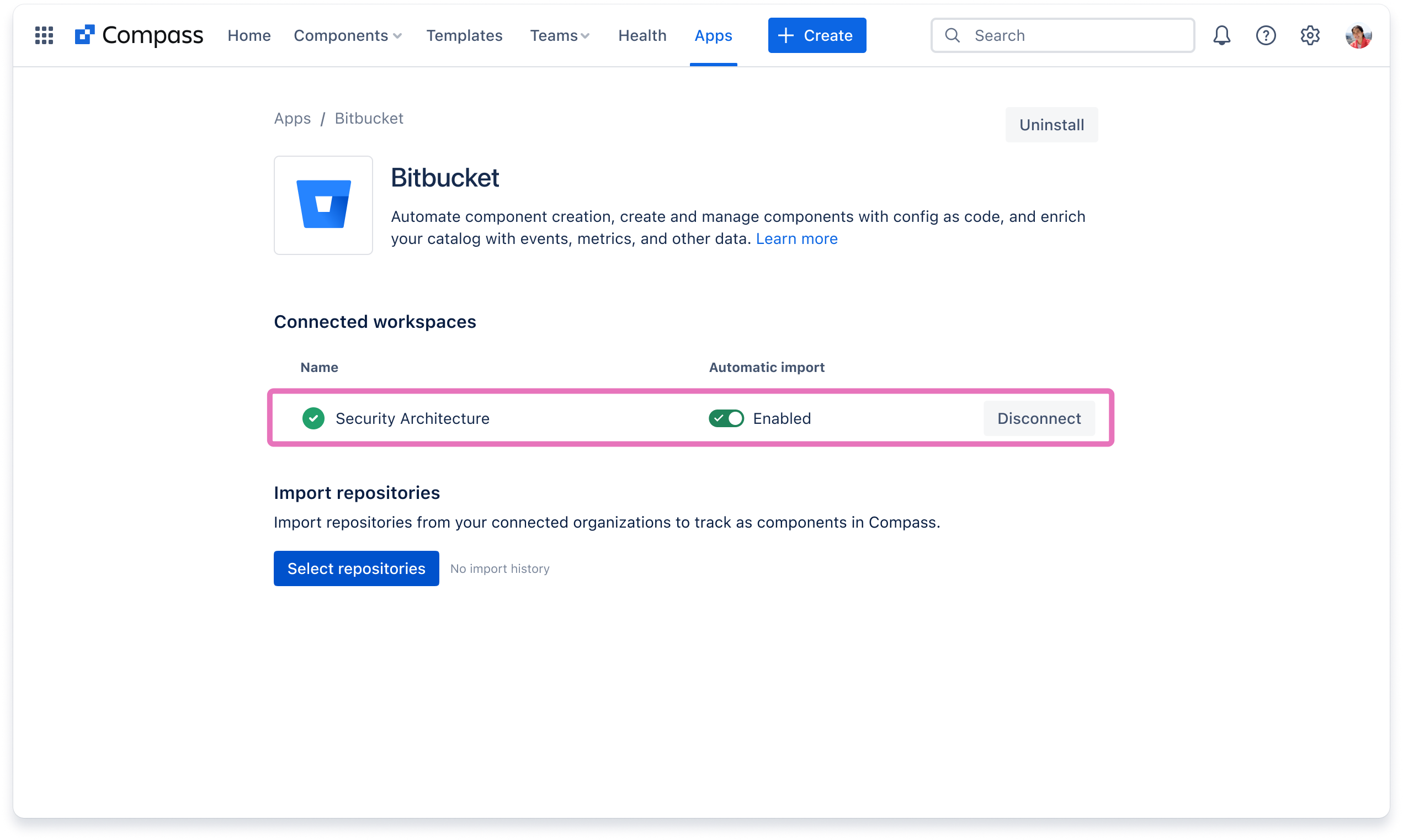 The Bitbucket app in Compass showing a successful connection to a Bitbucket workspace.
