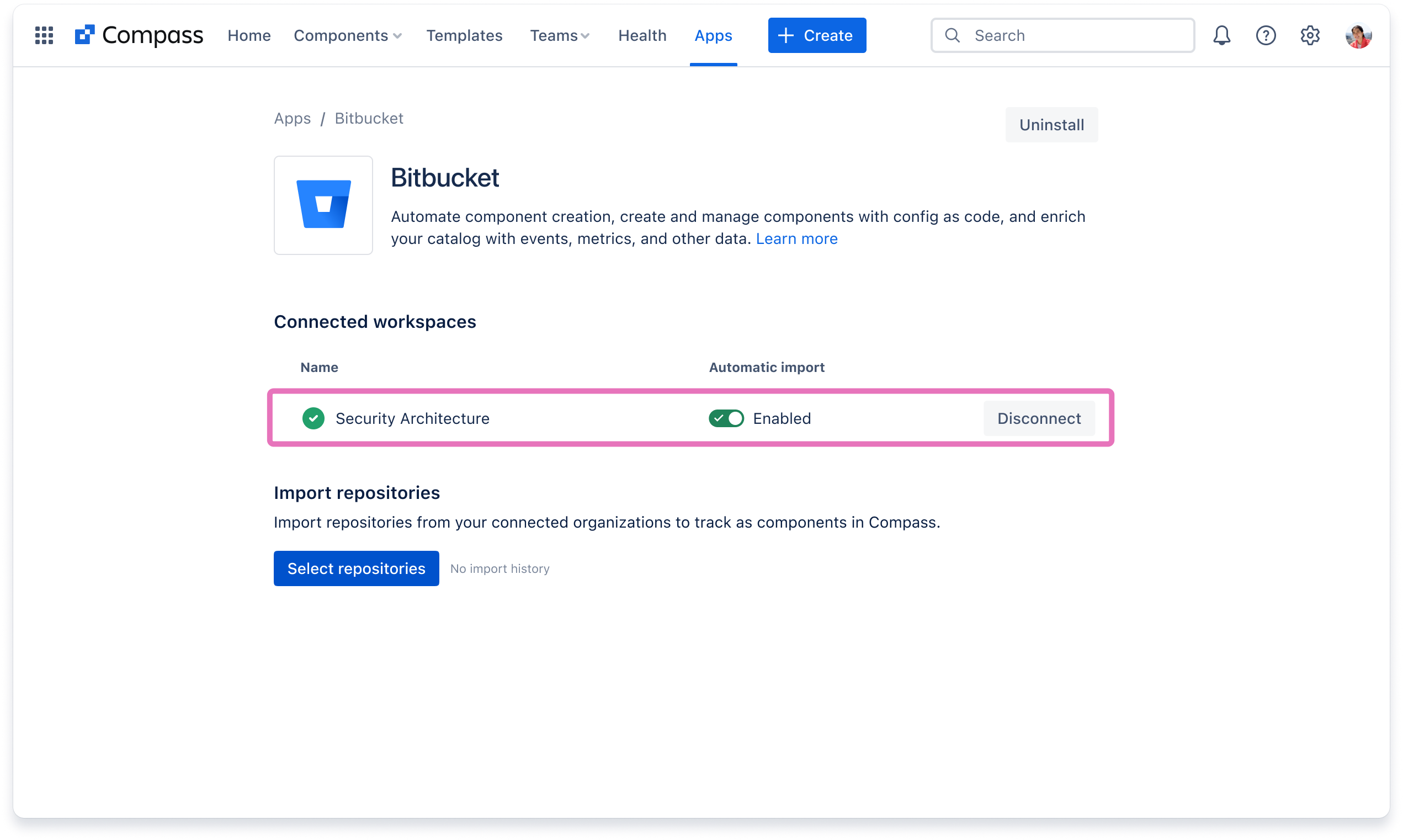 Bitbucket ワークスペースへの連携が成功したことを示している Compass の Bitbucket アプリ。