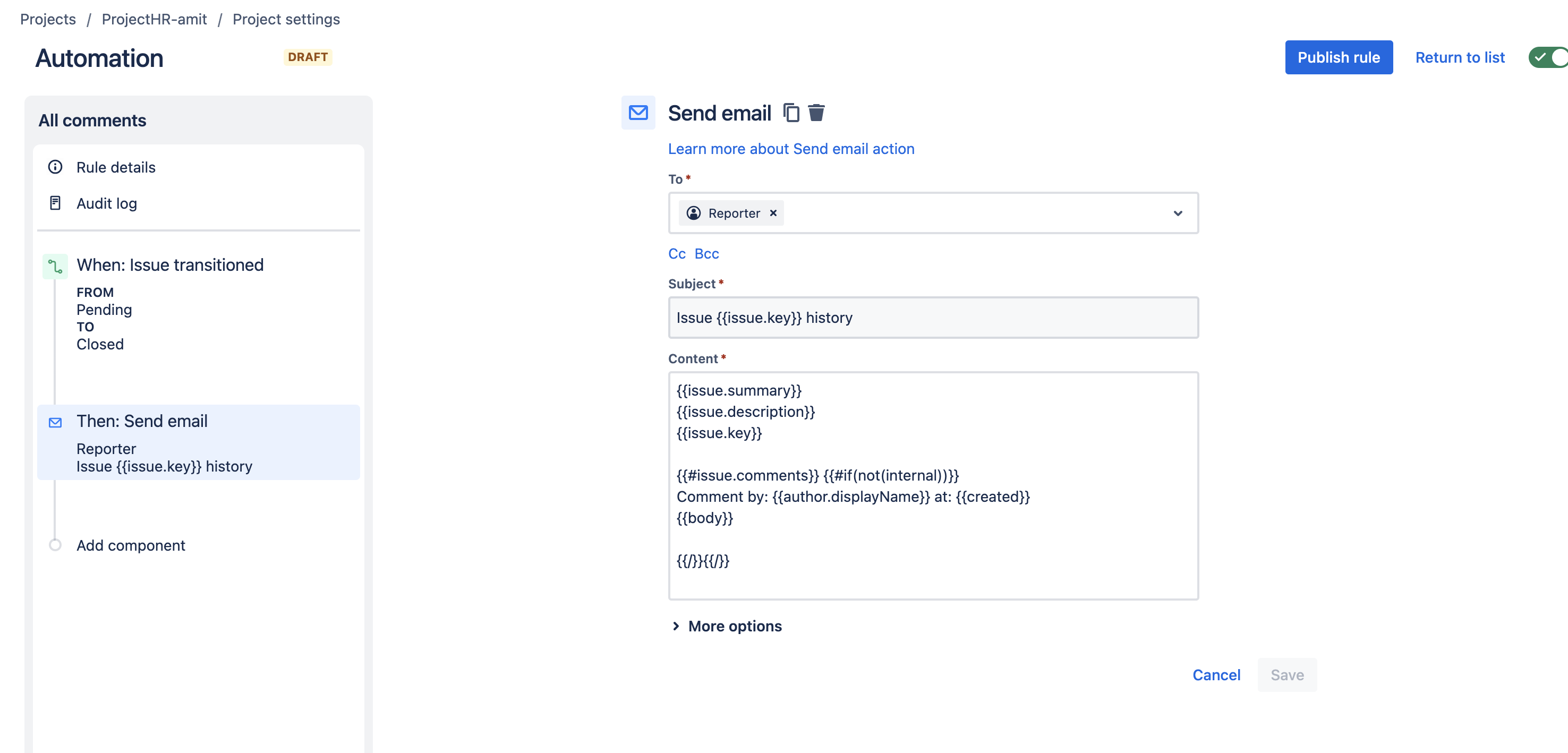 Send Email Action filled with details excluding internal comments