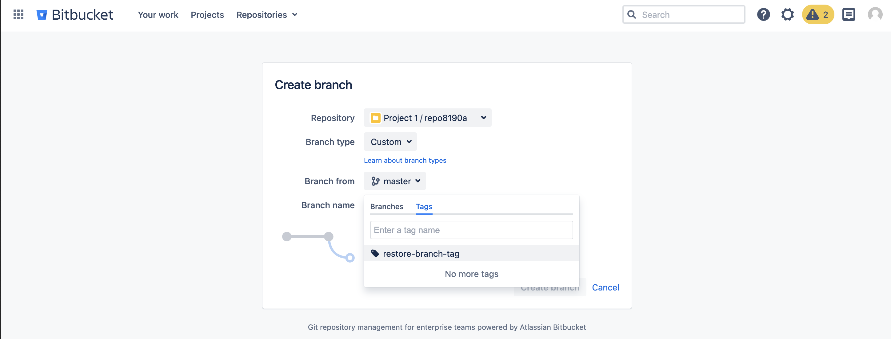 Create branch page in a Bitbucket Data Center repository