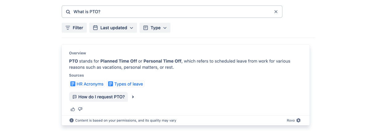 Screenshot of user searching for 'What is PTO' and the definition showing up as a card in search results