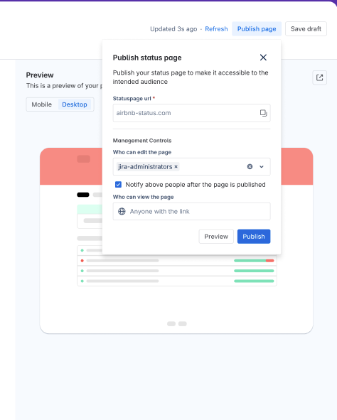 Publish settings for your status page
