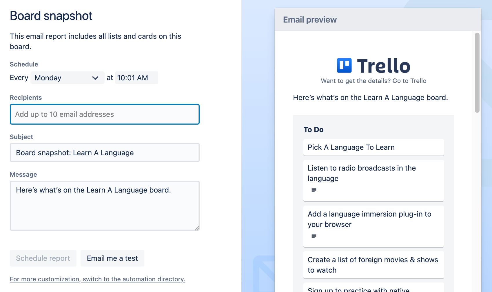 Configure visual email report for Trello using Butler