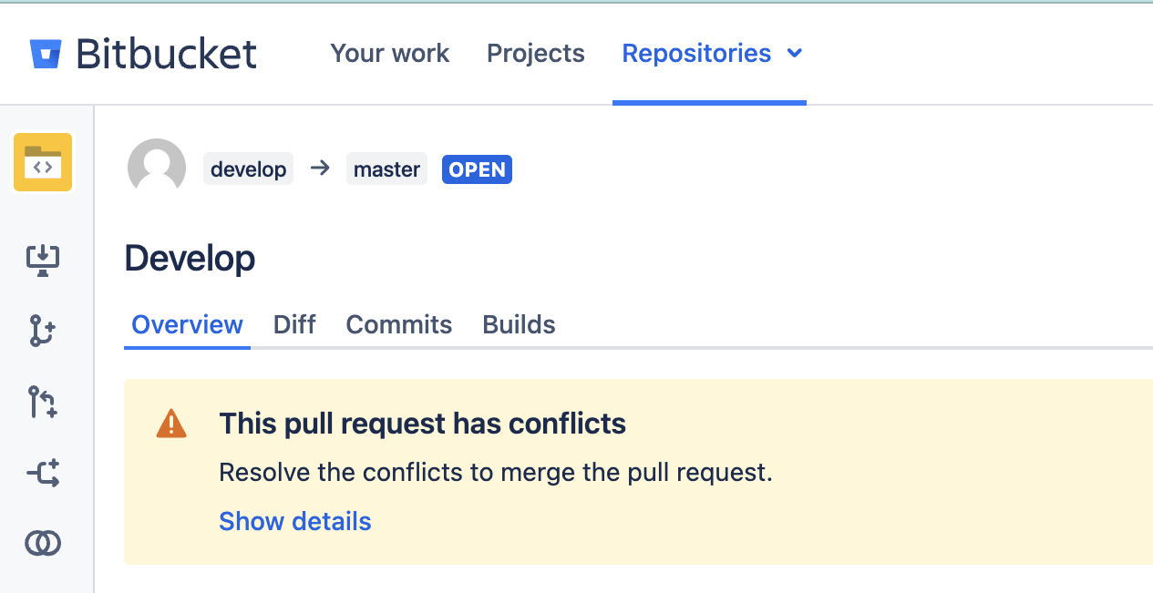 Image of open PR Overview tab showing conflict warning