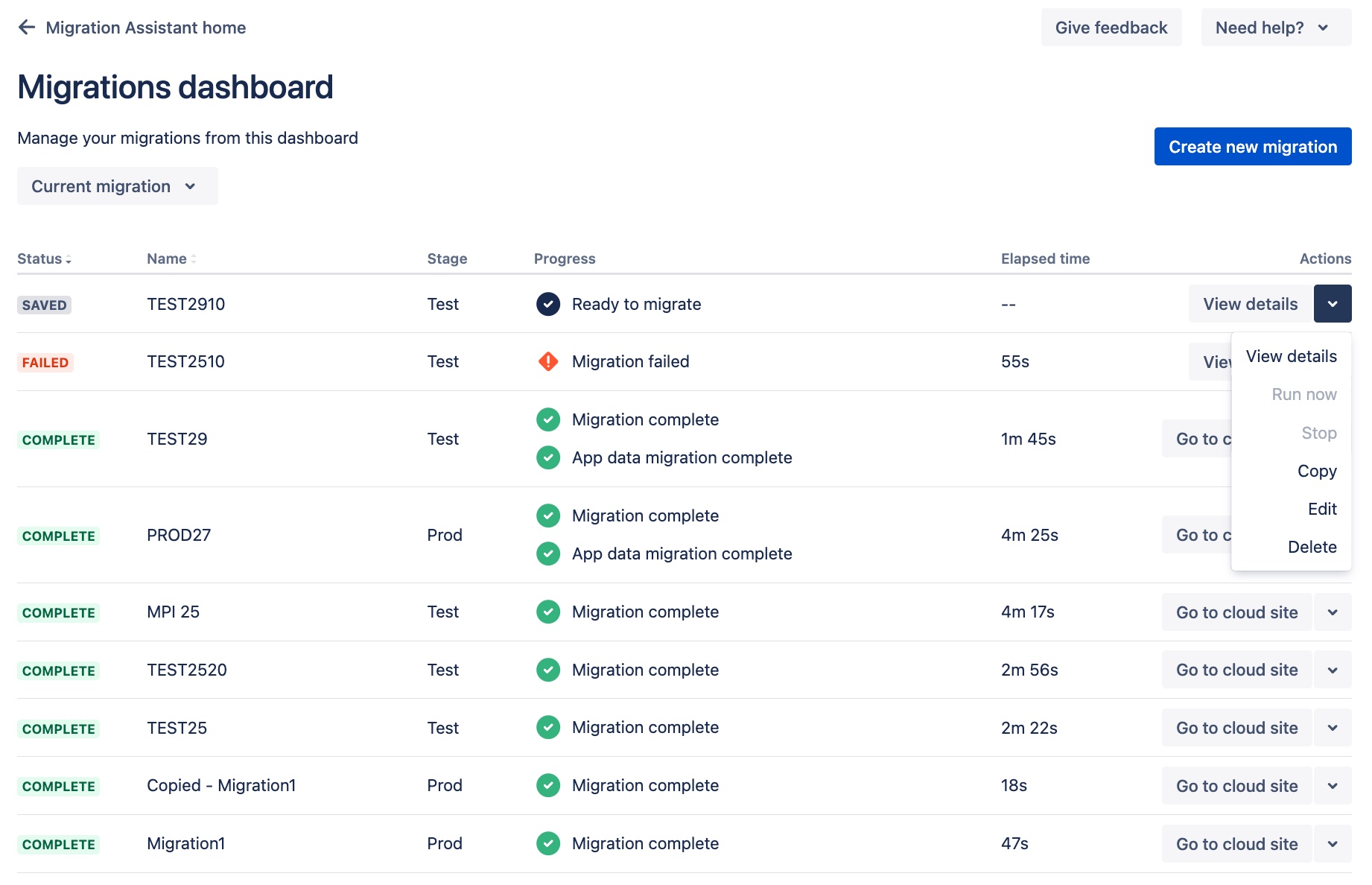 Actions and status on migrations dashboard