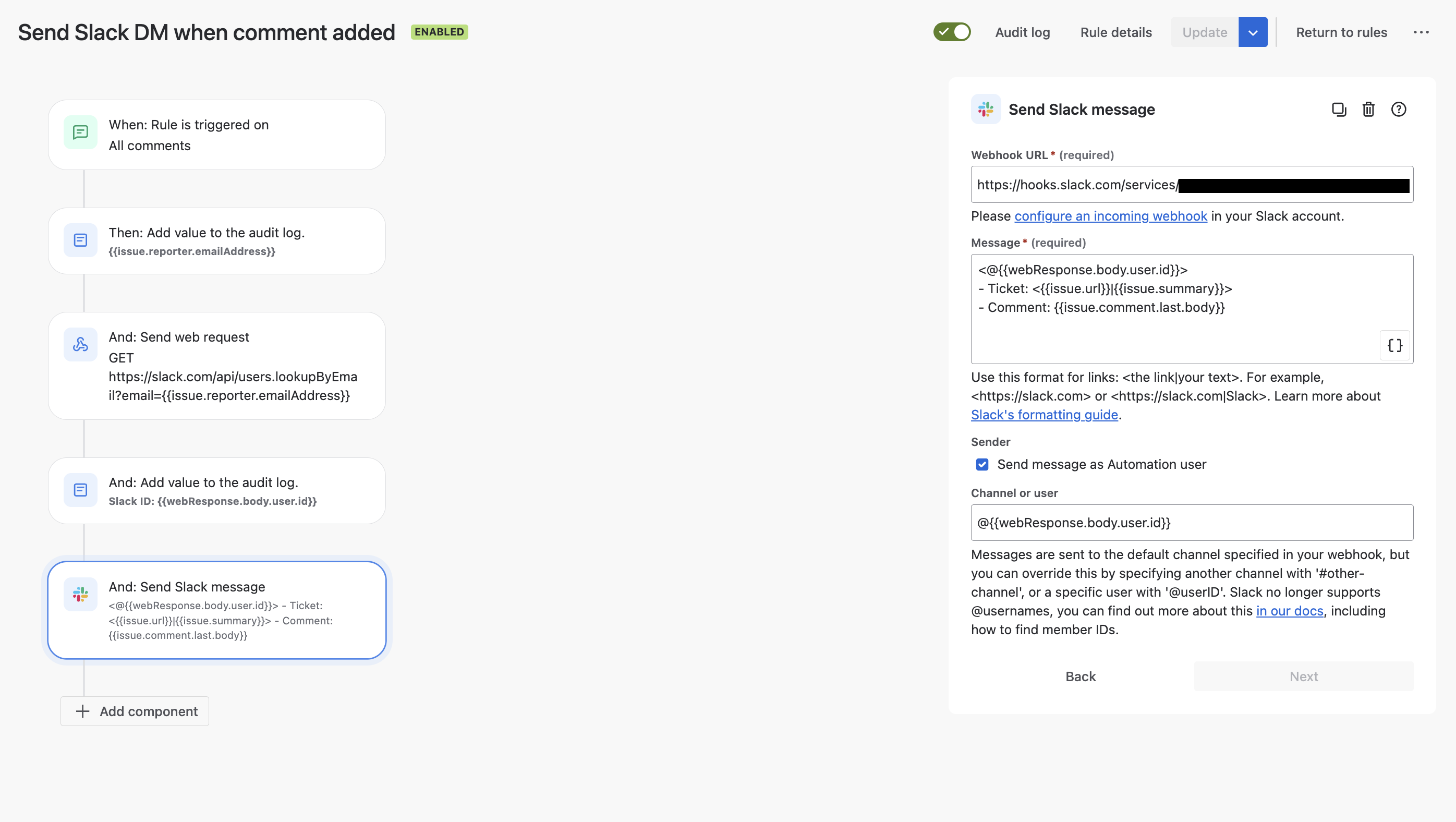 Slack DM body configuration