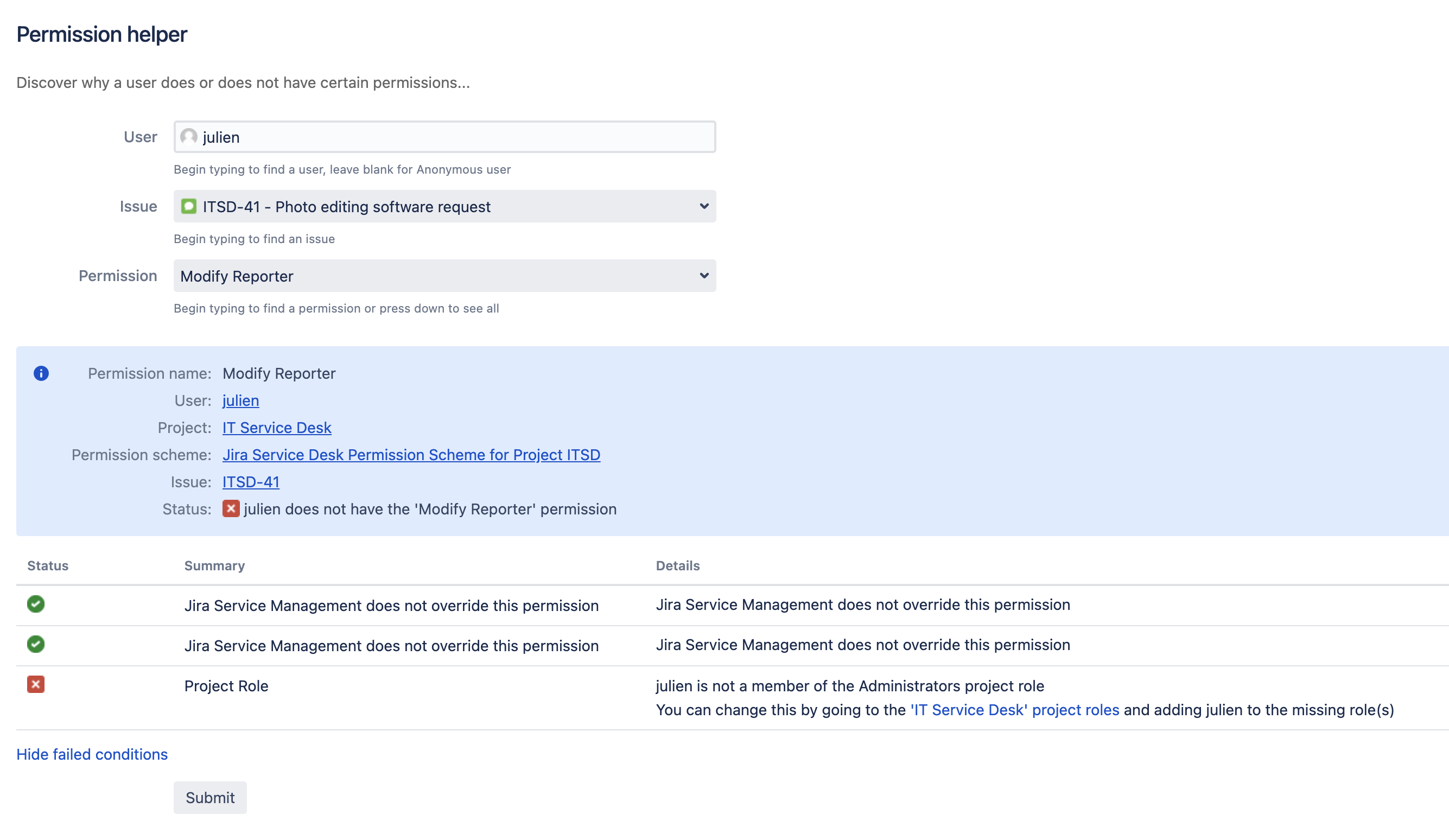 User missing the modify reporter permission