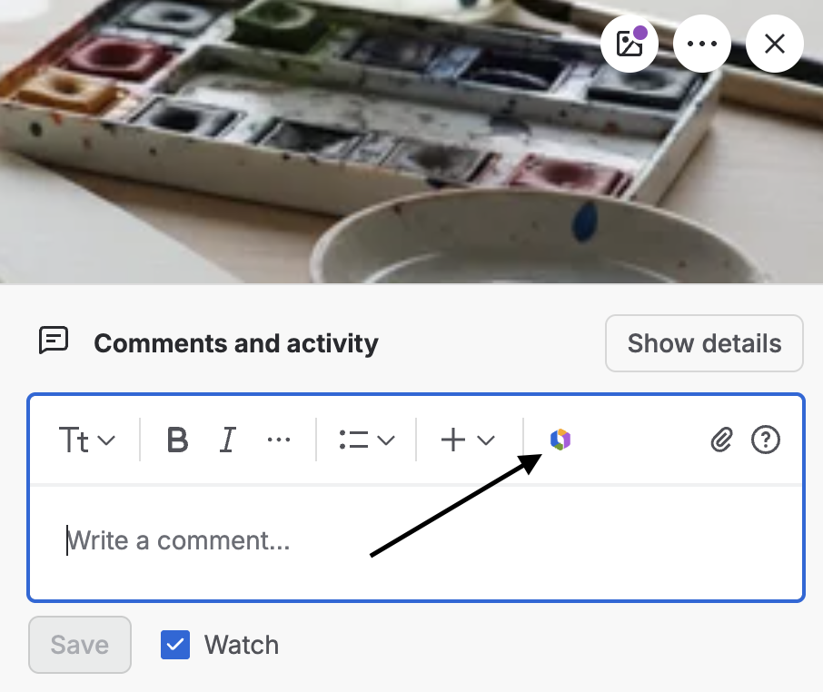 The comment and activity field with the Rovo button highlighted.