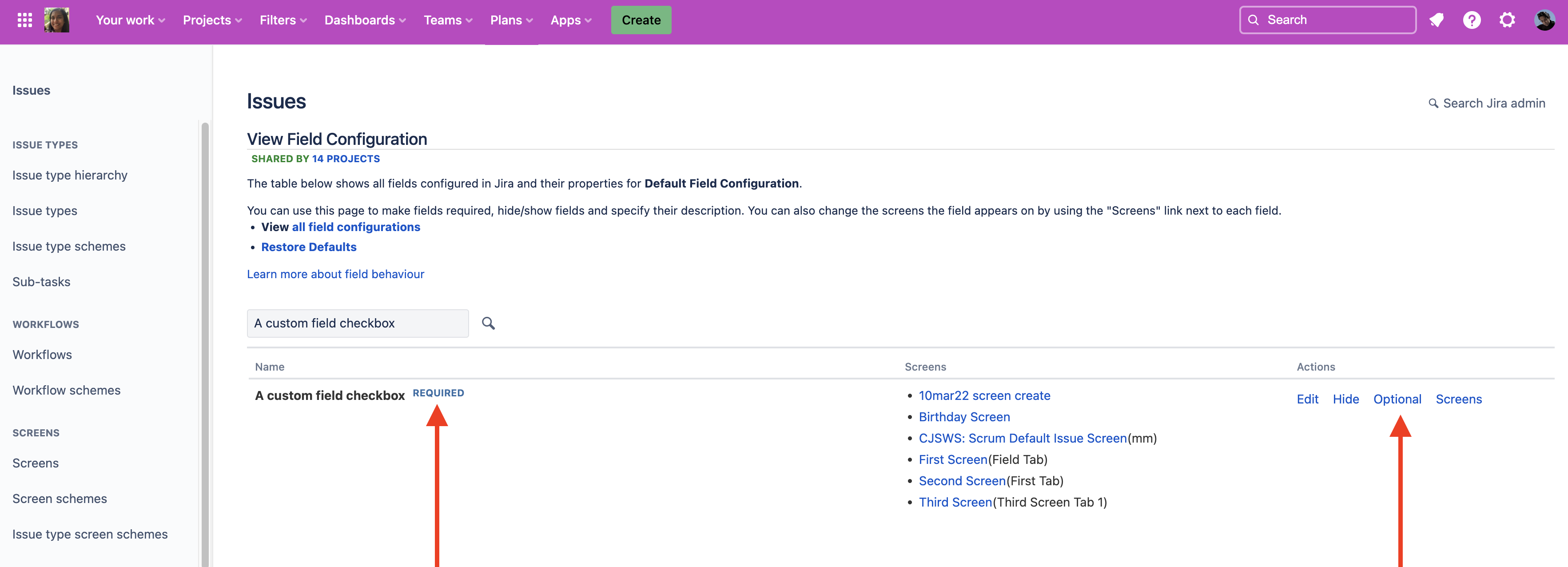 field configuration in Jira. the custom field has a required badge in the name column. the linked text optional is highlighted in the actions column.