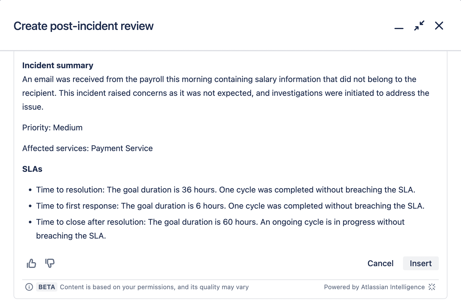 Post-incident review created using Atlassian Intelligence in Jira Service Management.