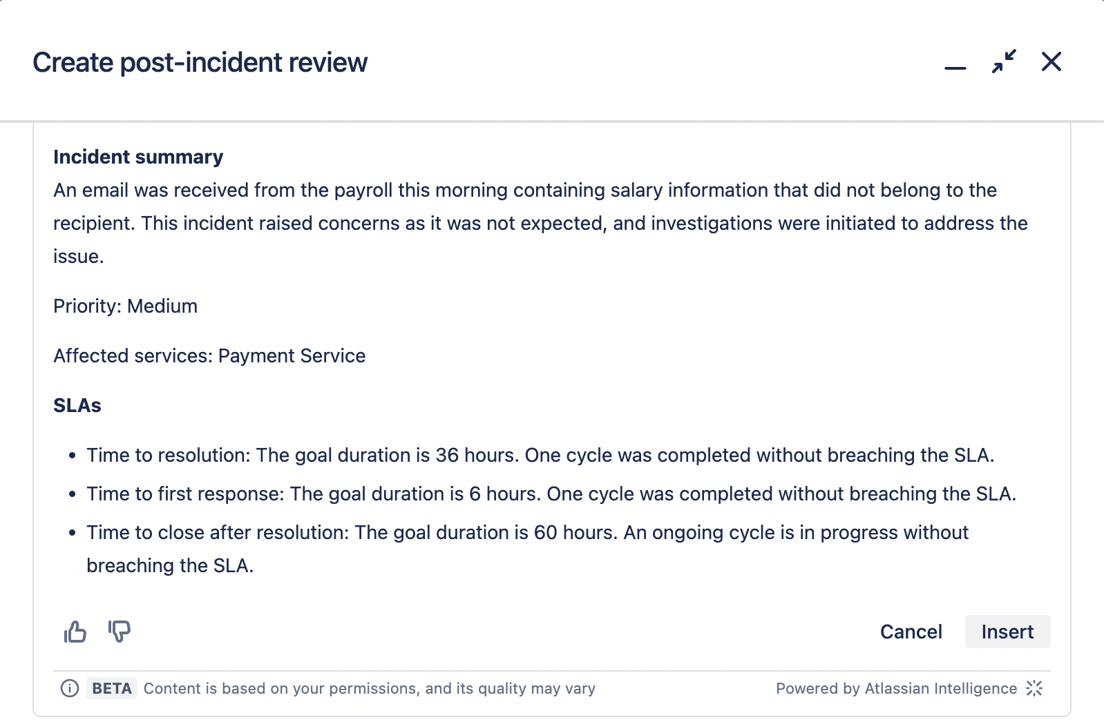 Jira Service Management で Atlassian Intelligence を使用して作成されたインシデント事後レビュー。