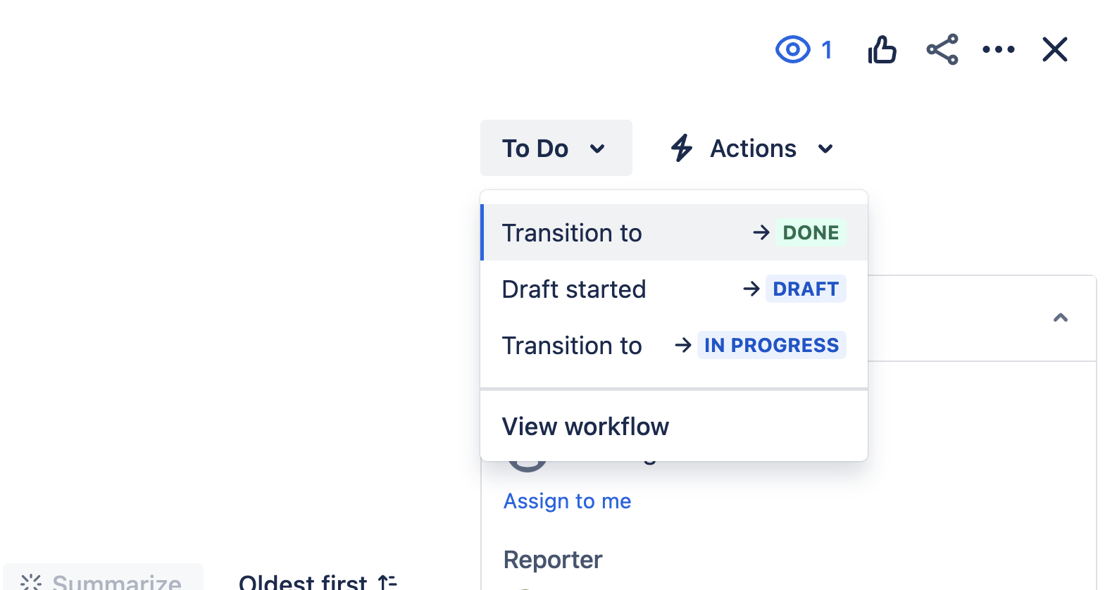 Screenshot of Jira work item, with the status dropdown selected. Statuses are (in order) Done, Draft, and In progress.