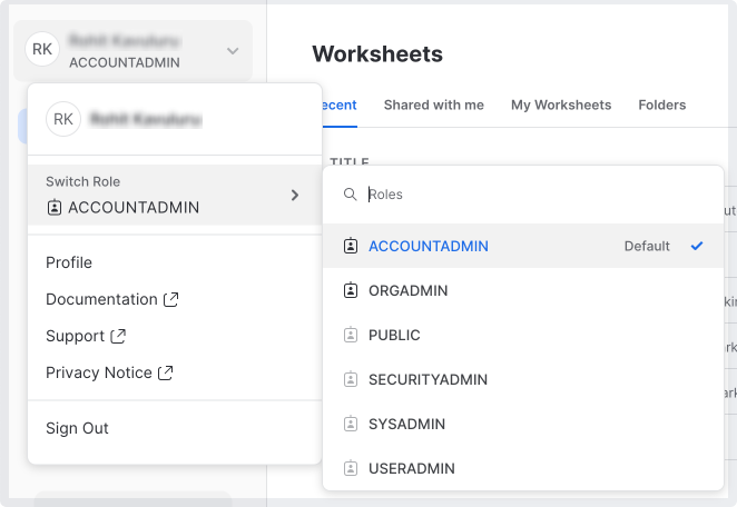 Setting Snowflake role to ACCOUNTADMIN from profile menu