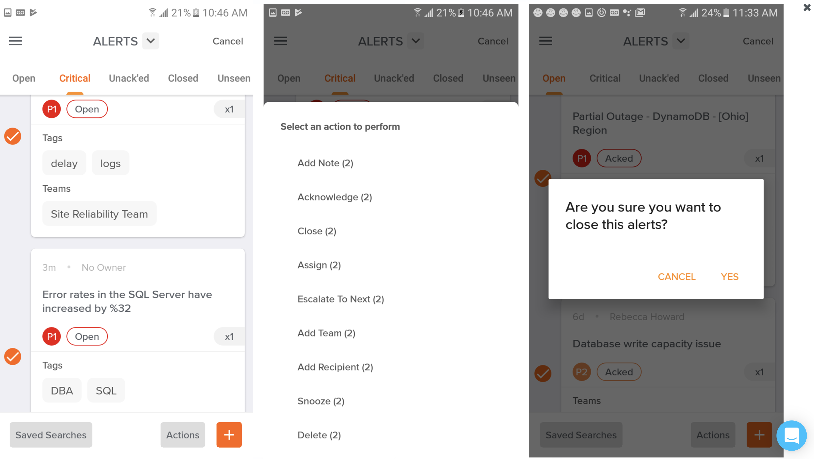 A screenshot showing how to take actions on multiple alerts in Opsgenie's Android app.