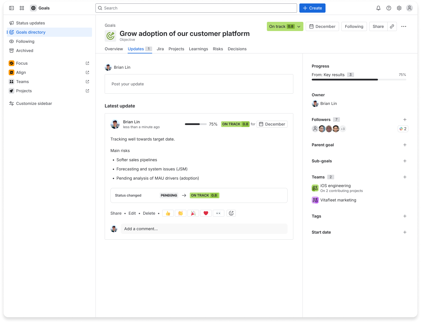 Screenshot of success measure update in Overview