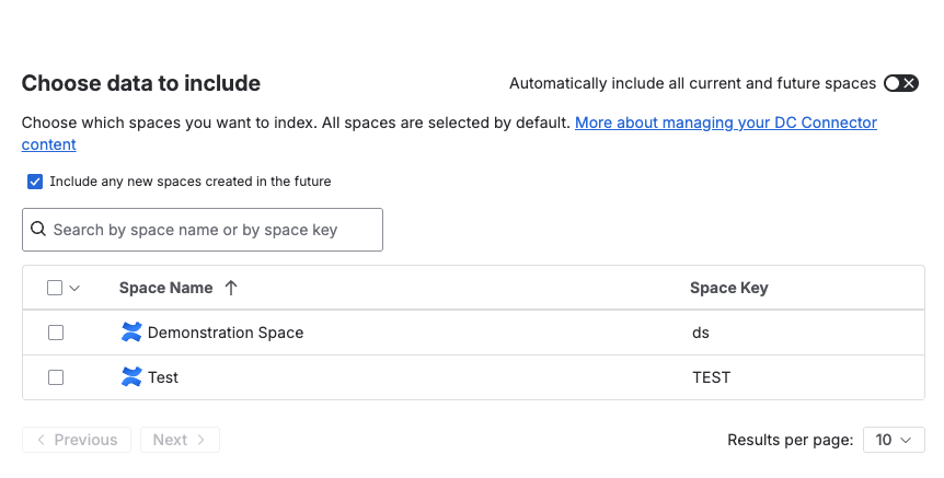 Screen with option to choose data to include for Rovo connector