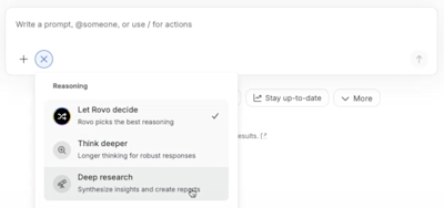Rovo Chat reasoning menu is open. Let Rovo decide is selected by default. Cursor hovers over Deep research.
