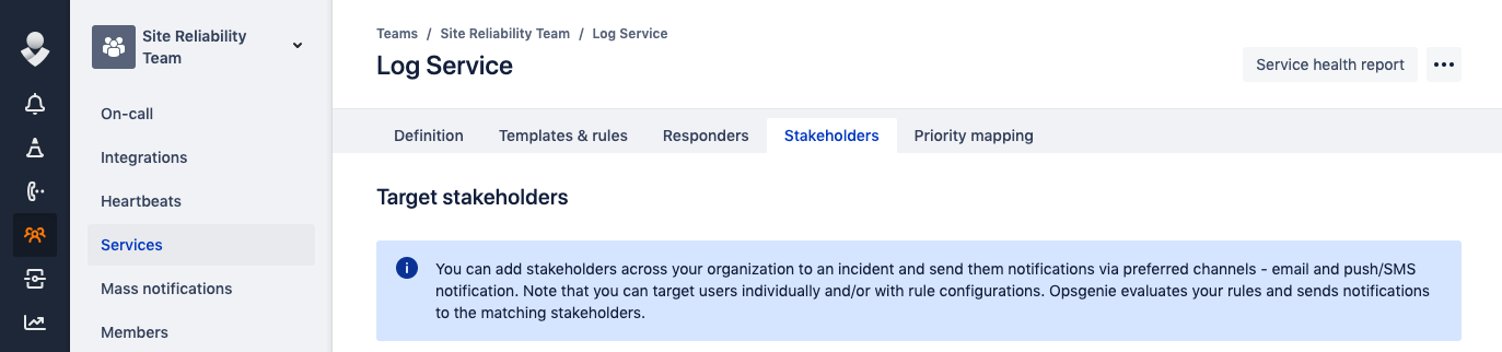 A screenshot showing where stakeholders can subscribe to a services in Opsgenie.