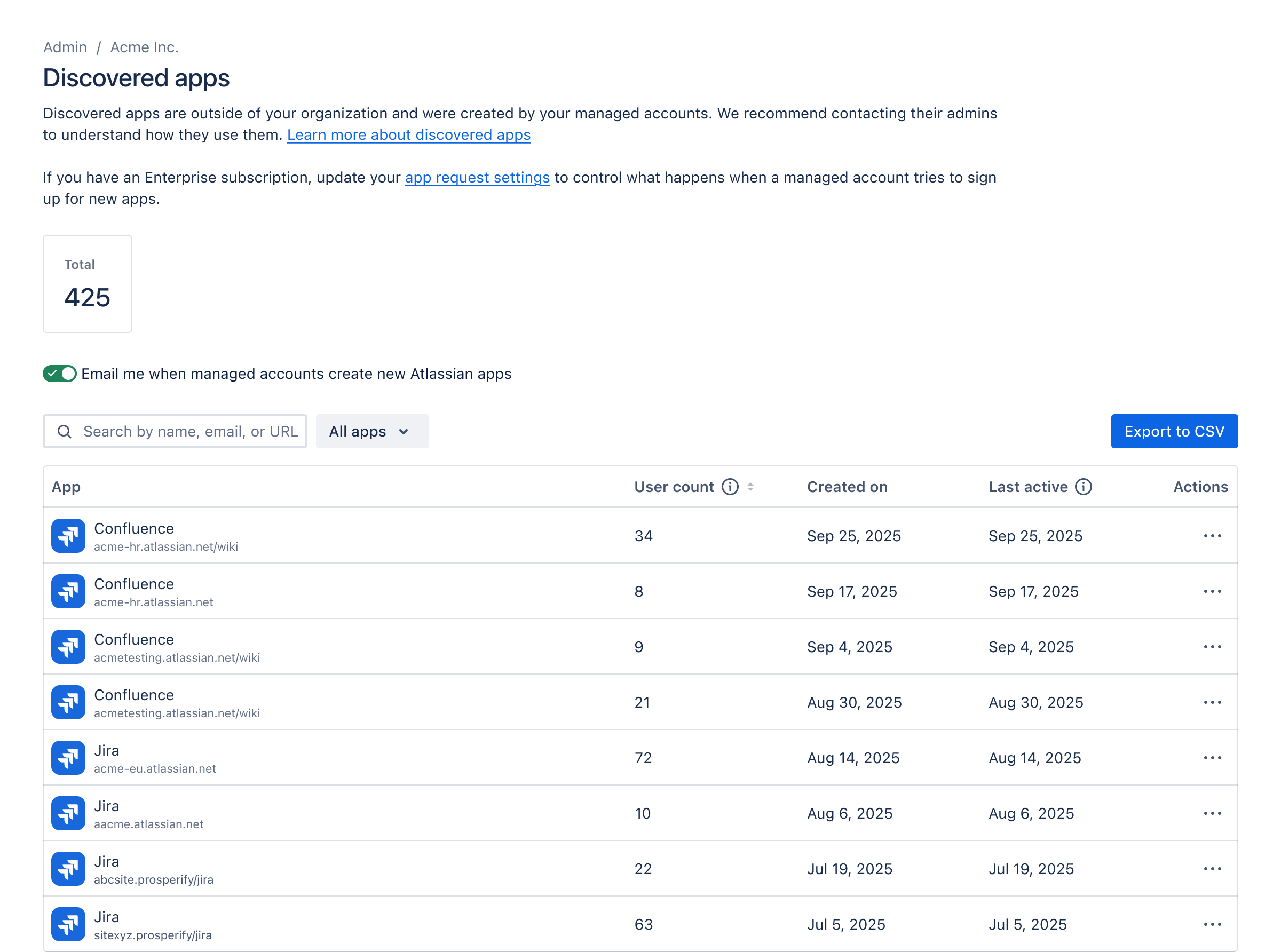 The Discovered apps screen showing a table with five columns for app, user count, created on, last active, and actions.