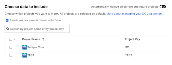 Cropped screenshot of the data selection modal, which includes a toggle to include all current + future projects