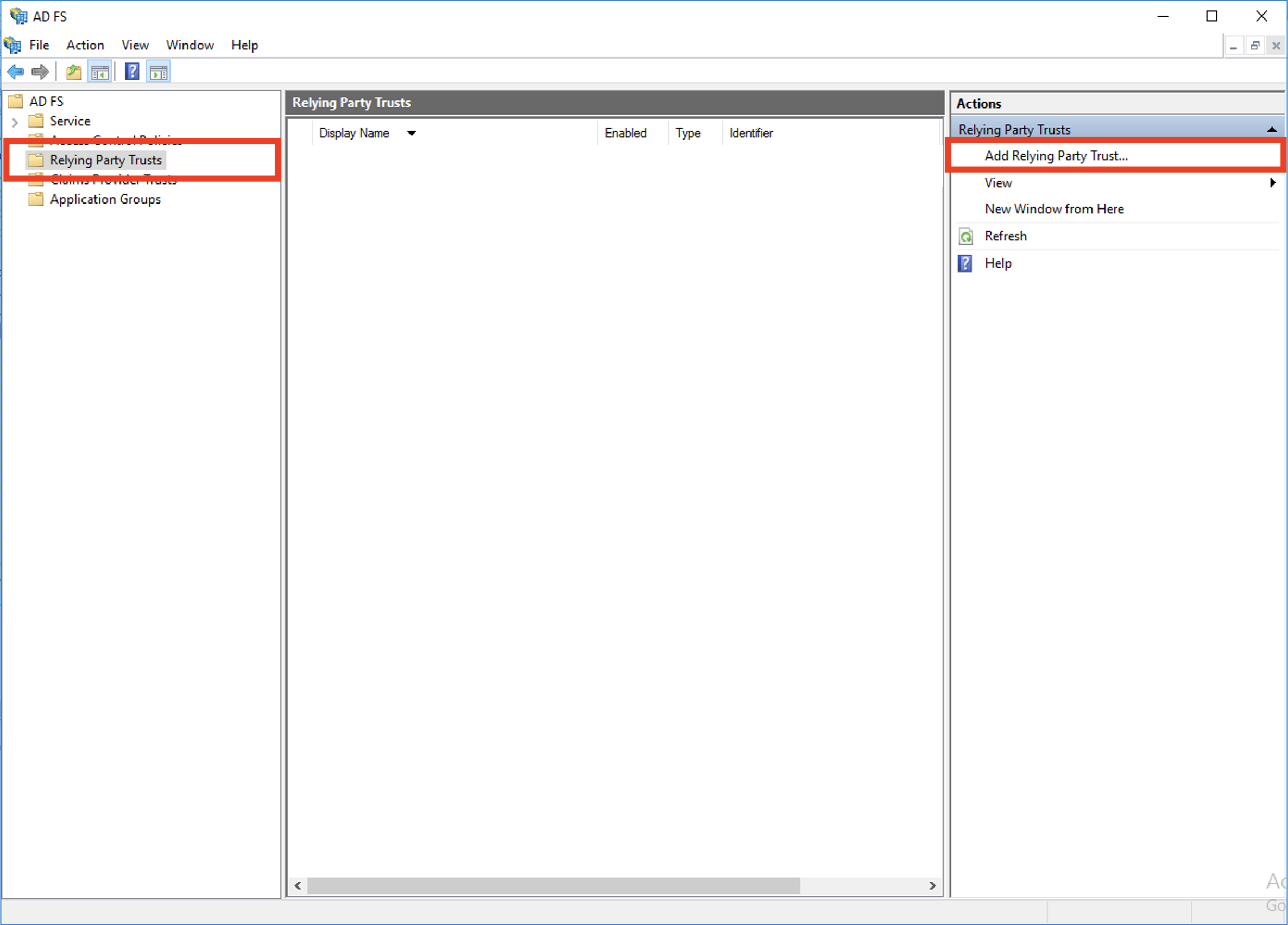 AD FS management tool, Relying Party Trusts window, with highlighting of Add Relying Party Trust from right panel